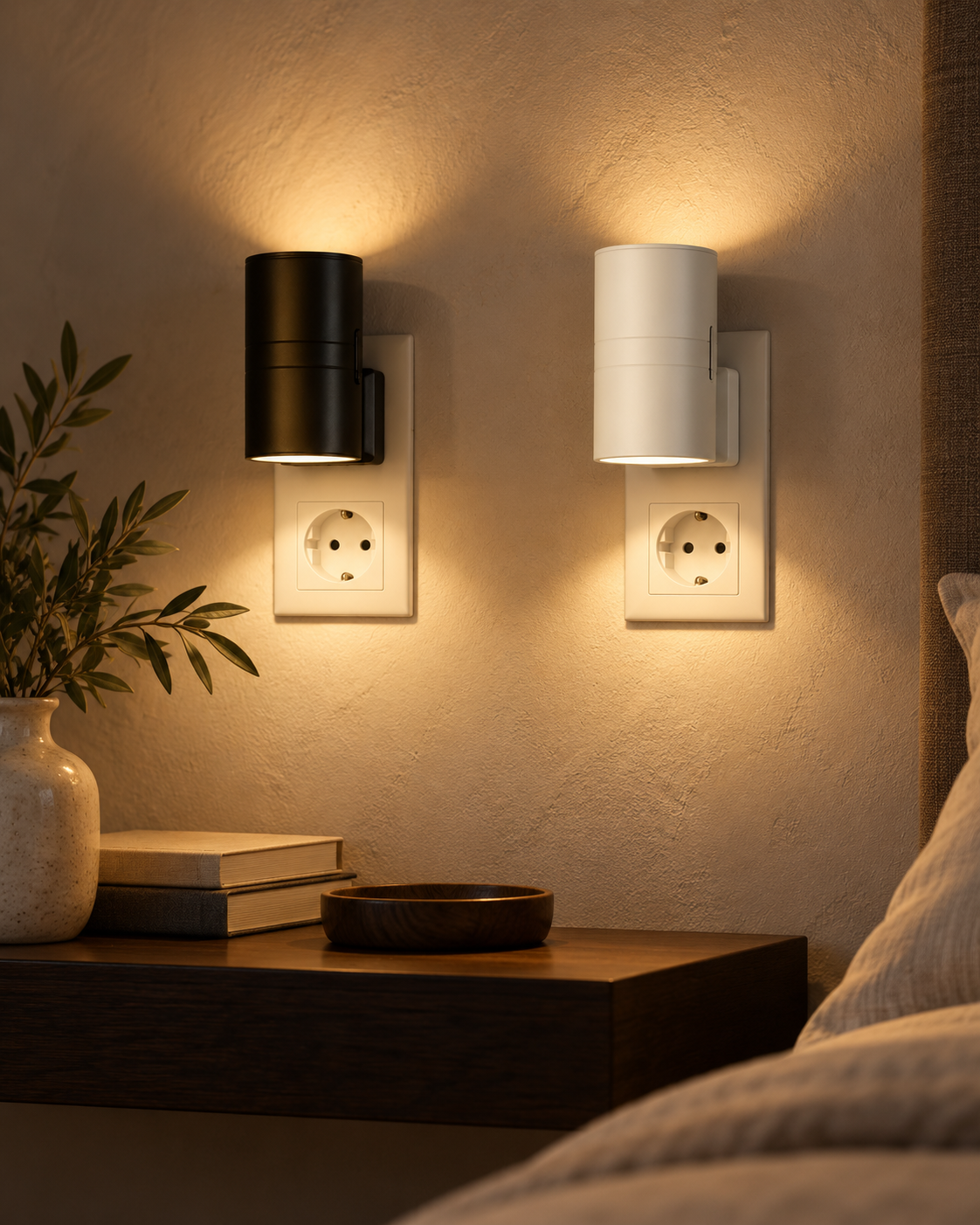 Zwei warm leuchtende Steckdosenleuchten