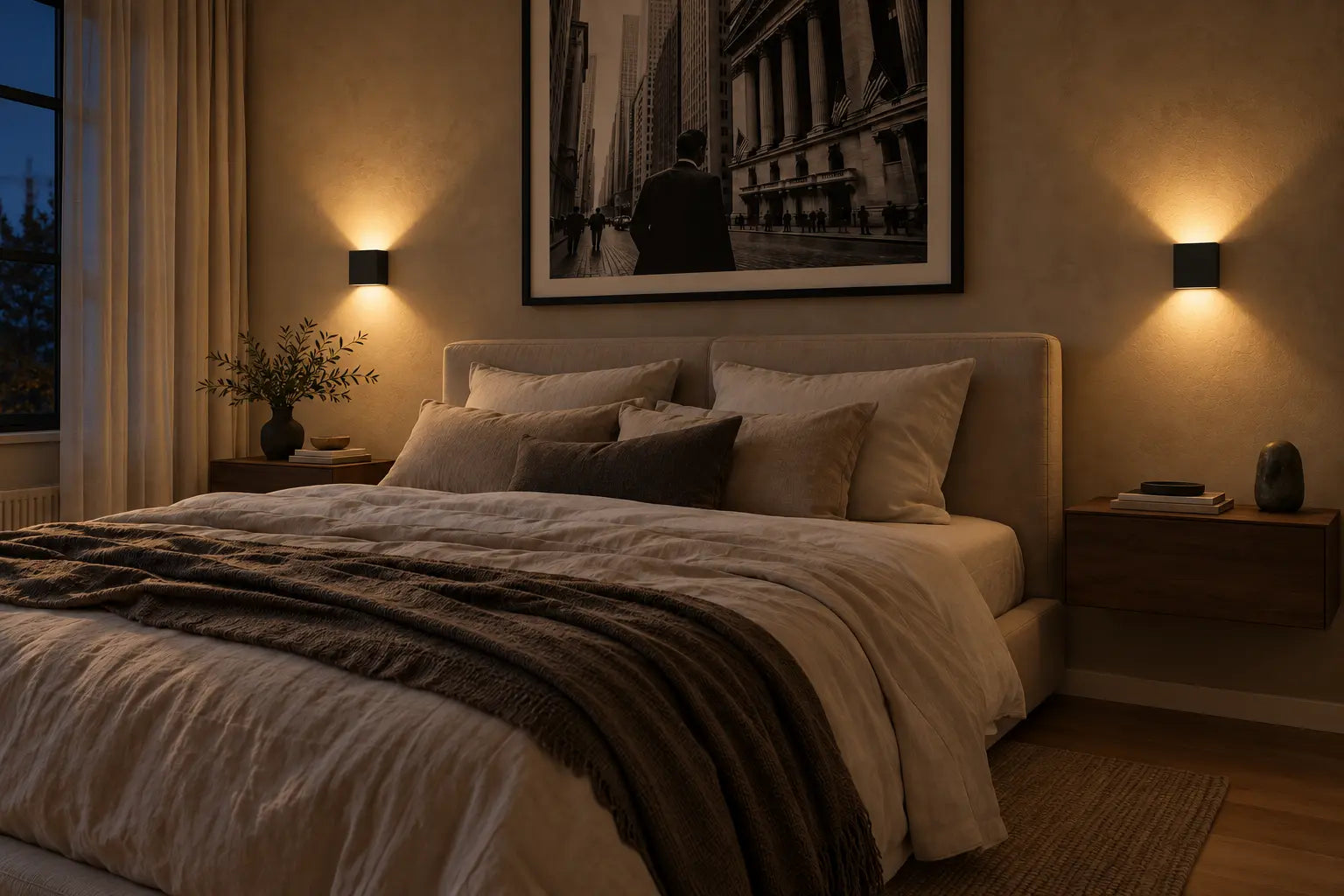 Nachher – Schlafzimmer mit eingeschalteten Wandleuchten
