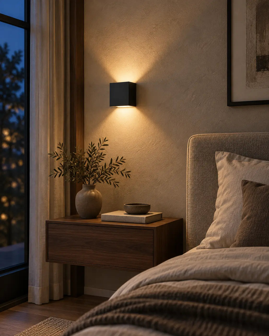 Warm leuchtende Wandleuchten im Schlafzimmer